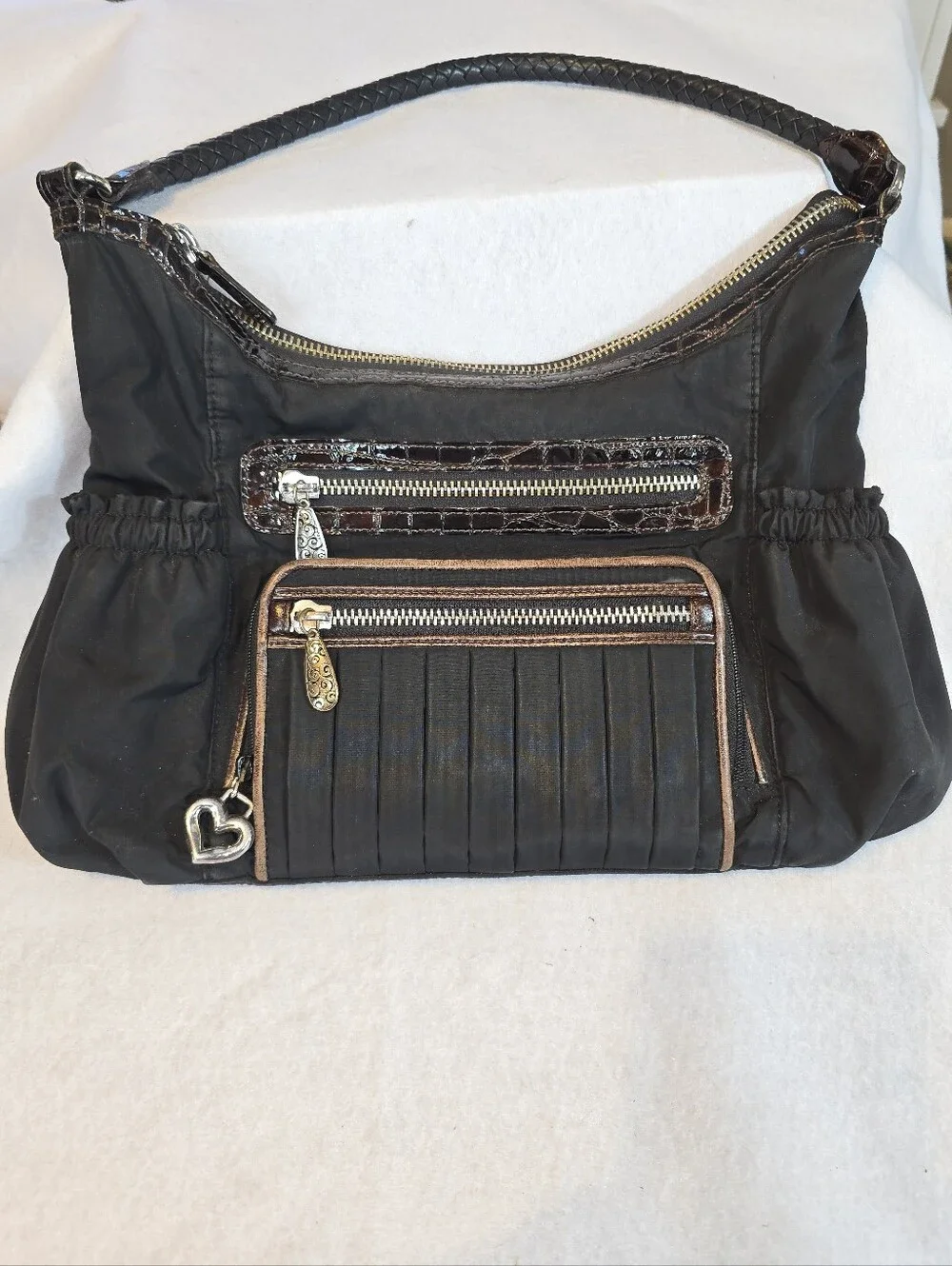 Brighton Y2K Black Nylon Pleated Organizer Hobo Bag Croc Leather Heart Charm